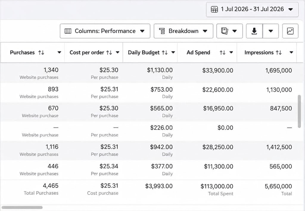 Meta Ads Manager campaign report for Alt Aminos, 1-31 July 2026