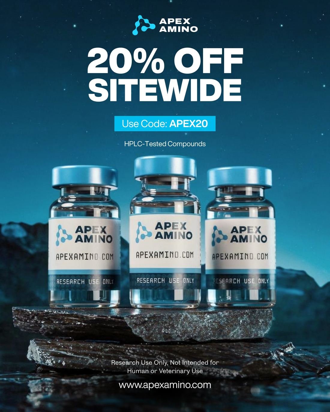 Apex Amino ad creative — Sitewide · 20% off