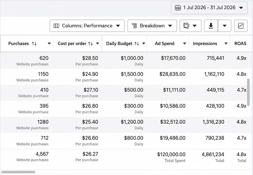 Meta Ads Manager campaign report for Apex Amino, 1-31 July 2026