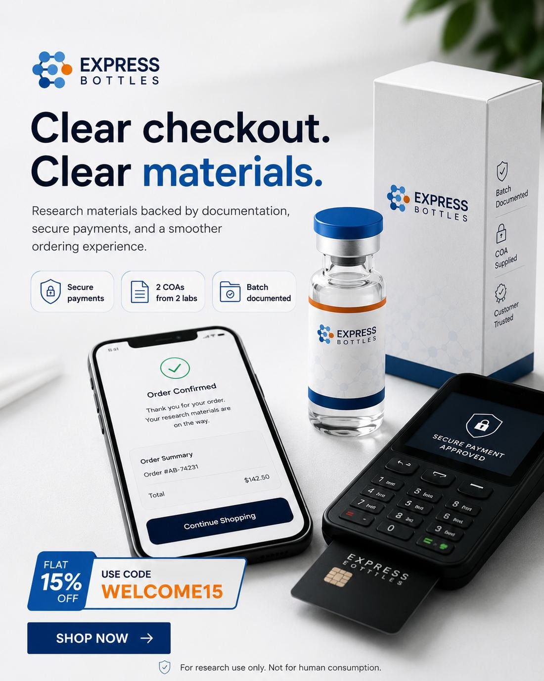 Express Bottles ad creative — Clear checkout. Clear materials.