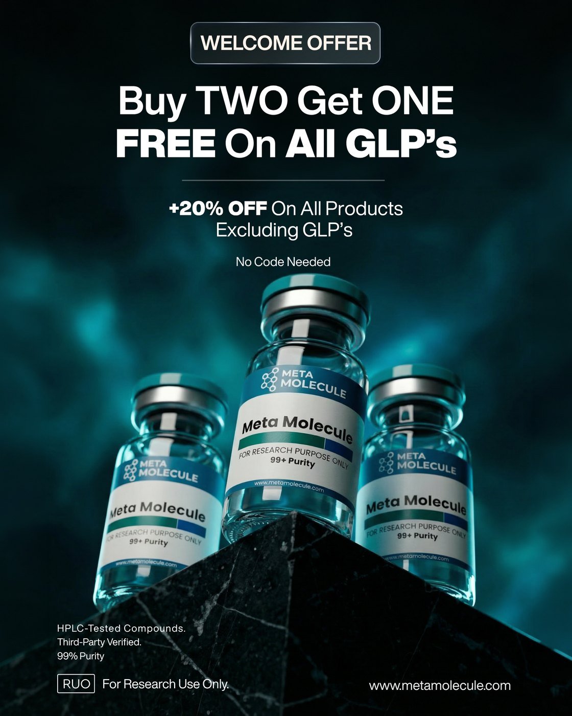 Meta Molecule ad creative — Welcome offer · Buy two, get one free