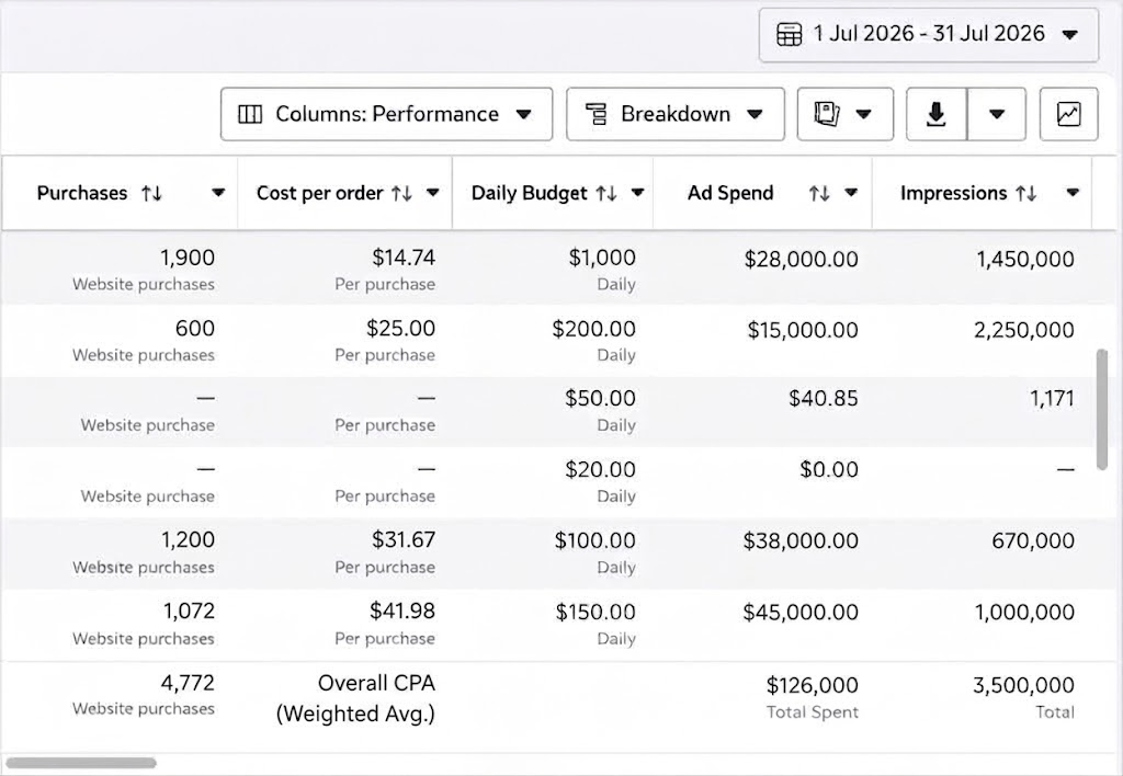 Meta Molecule paid acquisition report in Meta Ads Manager: 4,772 website purchases from $126,000 of ad spend across 3,500,000 impressions